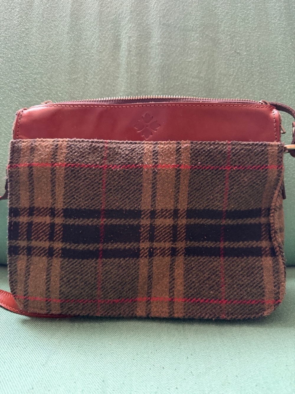 Patricia Nash Brown Plaid Wool & Chestnut Leather Messenger Bag